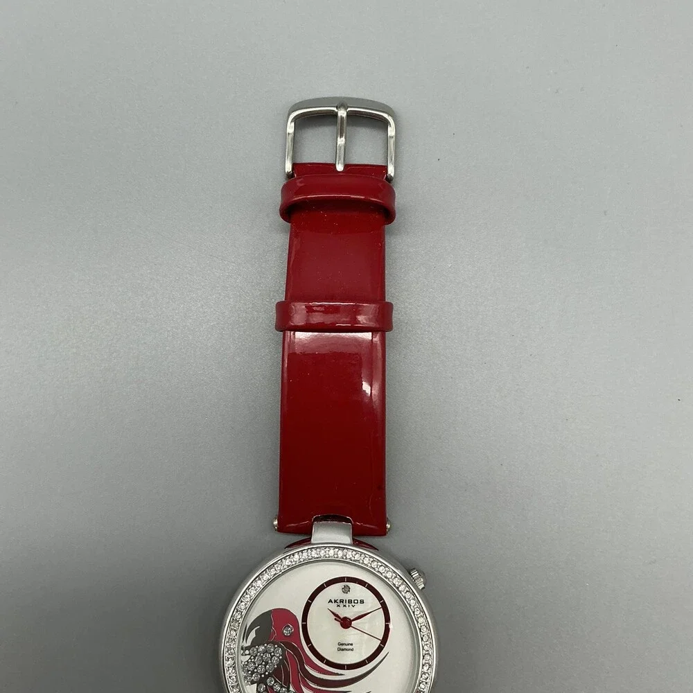 Akribos XXIV Womens Watch 40mm MOP Dial Red Leather Diamond New Battery